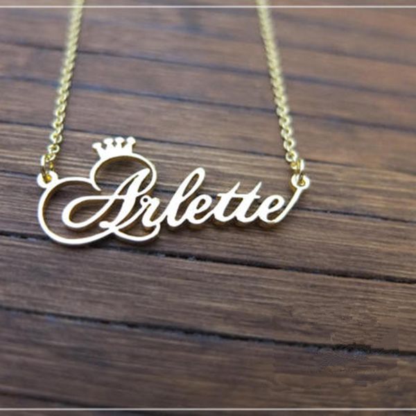 

personalized name crown necklace handmade customized cursive font nameplate pendant stainless steel chain jewelry birthday gifts, Silver