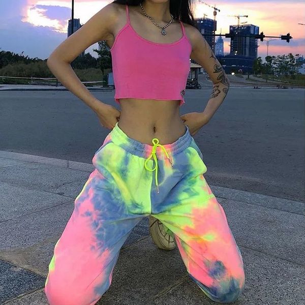 

2021 new tie dye jogger women's elastic waistband loose plus girl size fall streetwear pants 5t6v, Black;white