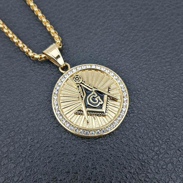 

pendant necklaces round masonic pendants gold color 316l stainless steel for men hip hop rapper jewelry with 24" chain, Silver