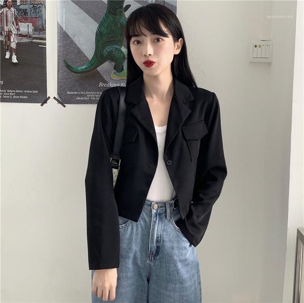 

autumn short sense of design long sleeve suit french coat loose ladies blouse versatile short jacket -401, Black