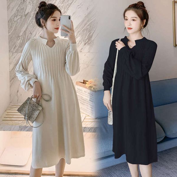 

2020 new autumn / winter maternity pregnant sweater knitting large dress long sleeve versatile age reducing women's skirt, Black;gray