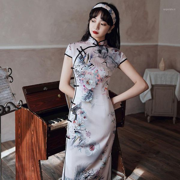 

elegant mandarin collar qipao high split short sleeve wedding party gown rayon novelty print flower women cheongsam 4xl1, Red