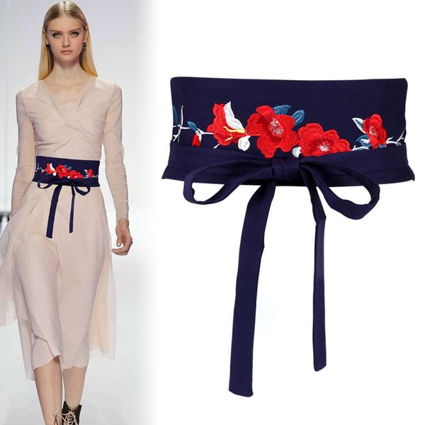 

japanese waist cover women's wide belt bandage decoration versatile embroidery ethnic style with skirt shirt tie fashion, Black;brown