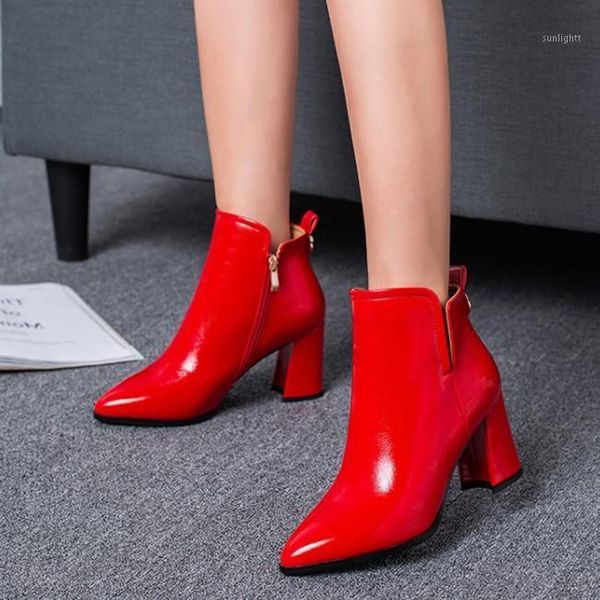 

boots pxelena good quality female high heels block chunky ankle side zip crystal black red beige party dress office women shoes1
