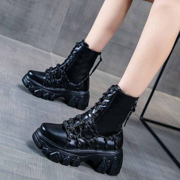 

2020 fashion autumn winter punk handsome ankle boots for woman british thick bottom increased boots shoes woman botas de mujer1, Black