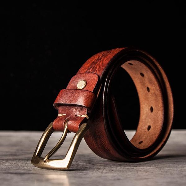 

belts men leather hand belt vegetable tanning leather washed pure cowhide solid copper bucklecow print men's belt 3.8 harajuku, Black;brown