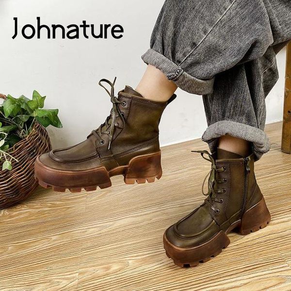 

johnature lace-up women shoes platform boots 2021 new genuine leather winter round toe handmade fashion leisure ladies boots, Black