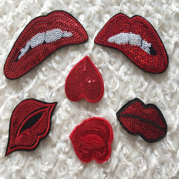 

1 set of embroidered sequins patches include 6 pieces iron-on lip pattern zakka patchwork diy handmade appliques for sewing quilting, Black