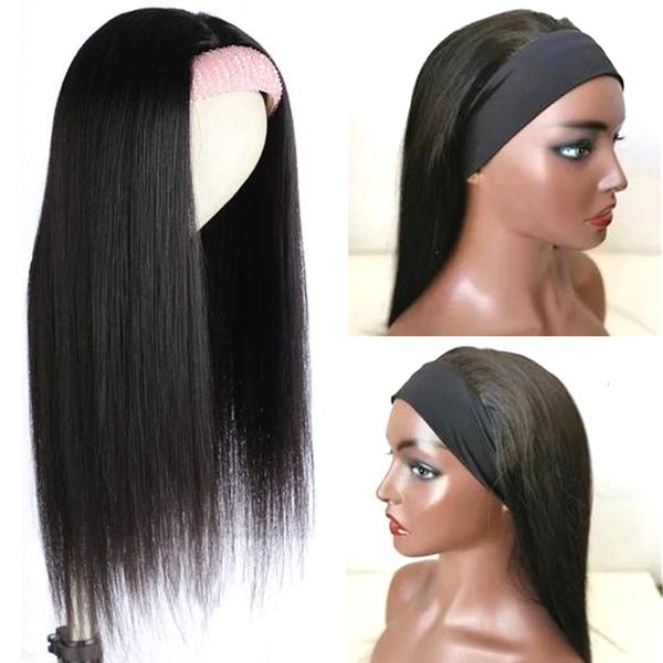 

headband wigs for black women peruvian straight scarf human hair wigs glueless remy full machine head band wig human hair, Black;brown