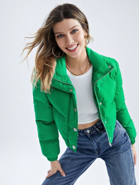 

high neck single breasted placket puffer coat n25m#, Black