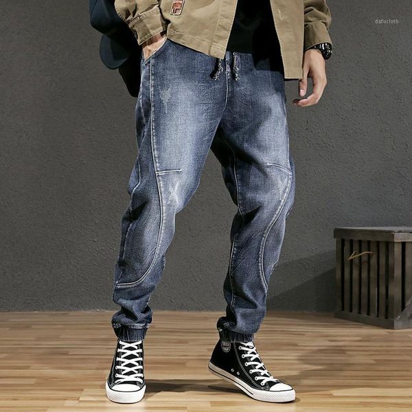 

men jeans retro cargo pants autumn and winter jeans loose stitching blue pants plus size stretch wash harem loose1