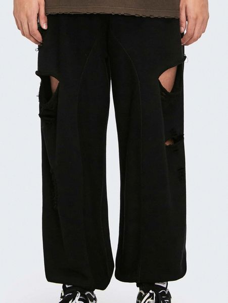 

men drawstring waist letter patch ripped sweatpants 922g#, Black