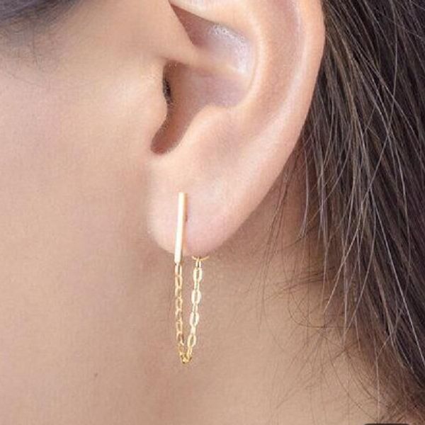 

februaryfrost brand punk minimalist 925 sterling silver stud earring fashion rod earpins ear plug linked stick chain earrings for women jewe, Golden;silver
