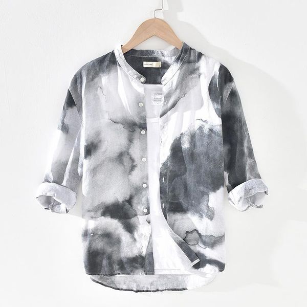 

2020 men's three quarter sleeve shirts 100%linen summer casual print shirts man stand collar blouse y24841, White;black