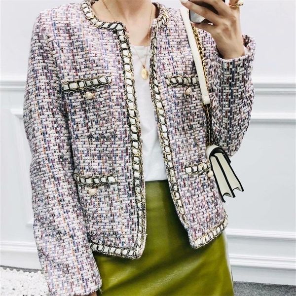 

traf ladies 2021 fashion pocket frayed trim tweed jacket coat retro round neck long sleeve streetwear1, Black;brown