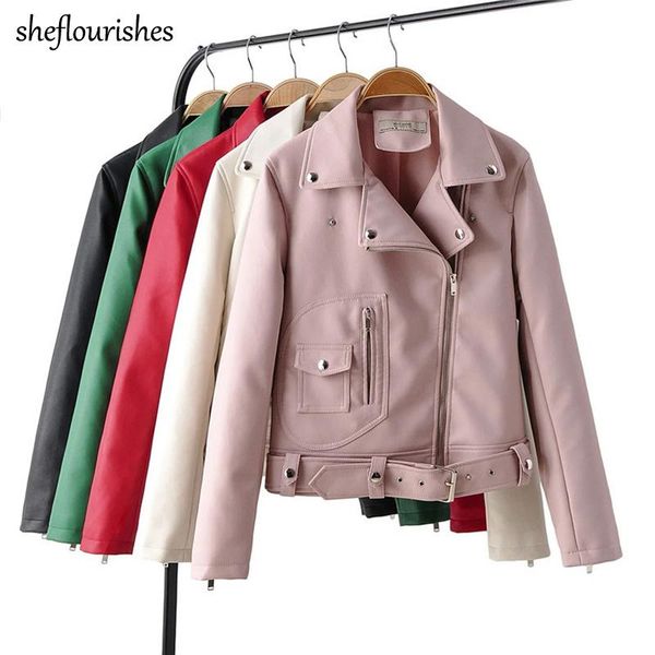 

women's leather & faux vintage jacket women turn down collar coat casual moto fall 2021 trench sashes green, Black