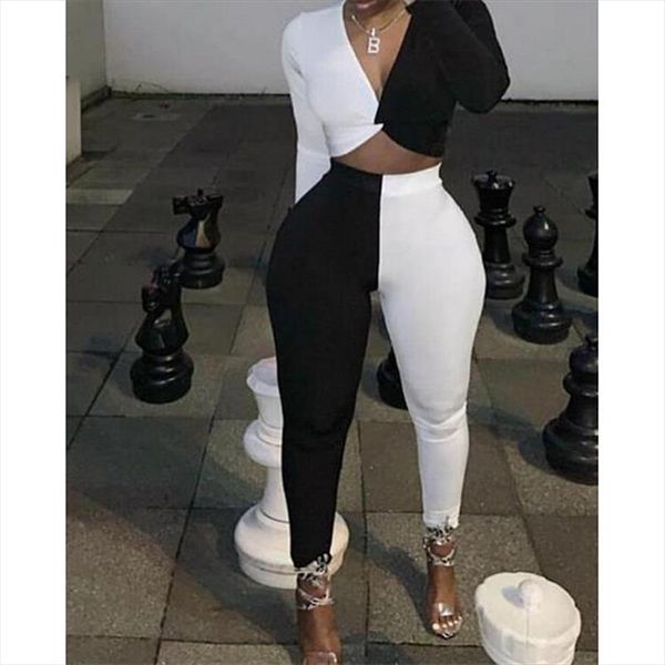 

women 2pcs outfits white and black club party long sleeve pants color patchwork casual clubwear female outfit size s 2xl, Gray