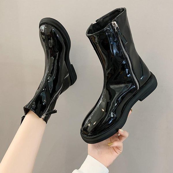 

rimocy patent leather ankle boots women double zipper solid color round toe autumn boots female med heels platform short botas, Black