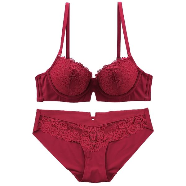 

seamless bra set push up v-cut hollow out padded cup wired floral lace decoration underwired lingerie women set lj201031, Red;black