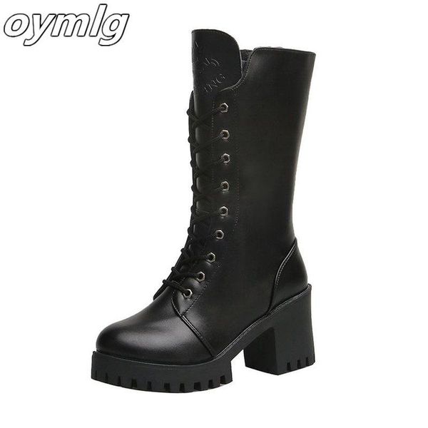 

boots 2021 autumn winter women shoes mid-calf lace up round toe thick high heels solid lady casual female pumps, Black