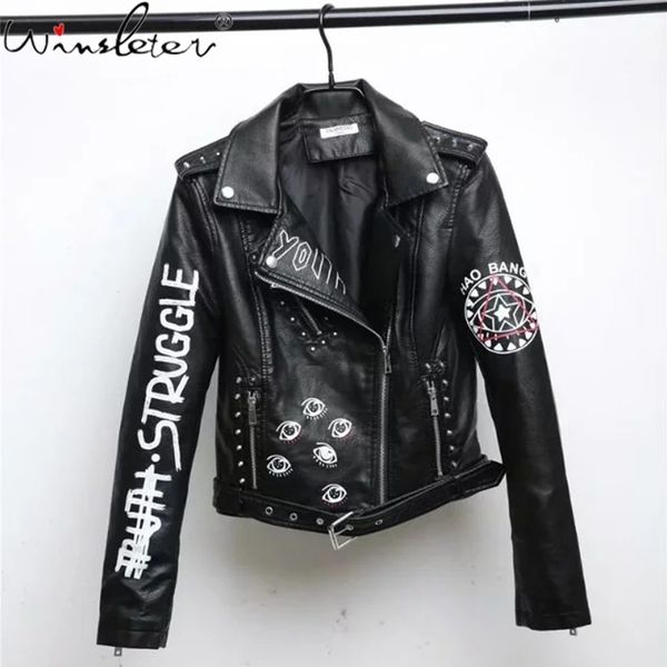 

womens letter print embroidery faux soft leather jacket coat turn-down collar casual pu motorcycle black punk outerwear c07603b 201030