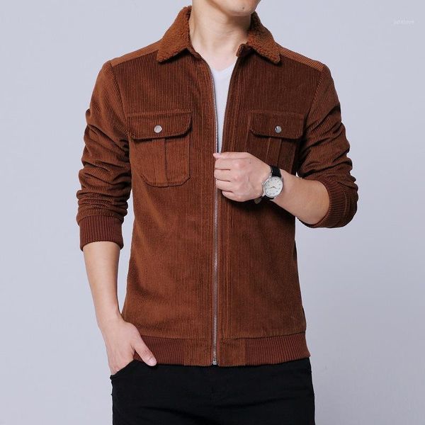 

corduroy jacket men fleece bomber jacket and coats youth casual solid color fur collar zipper casual outwear brown1, Black;brown