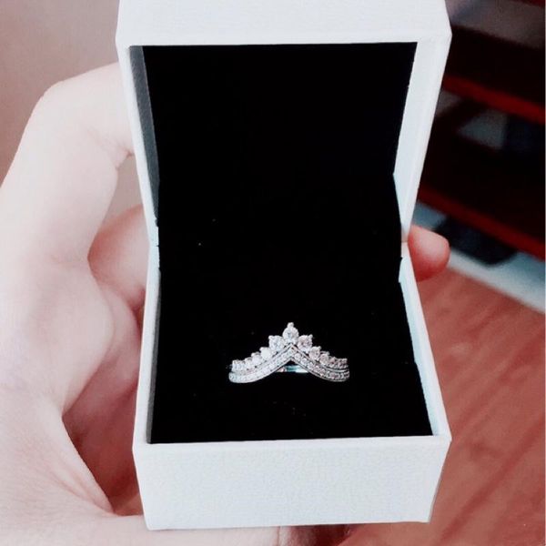 

2021 princess wish wedding ring original box for pandora 925 sterling silver princess wishbone rings set cz diamond women wedding gift ring, Slivery;golden
