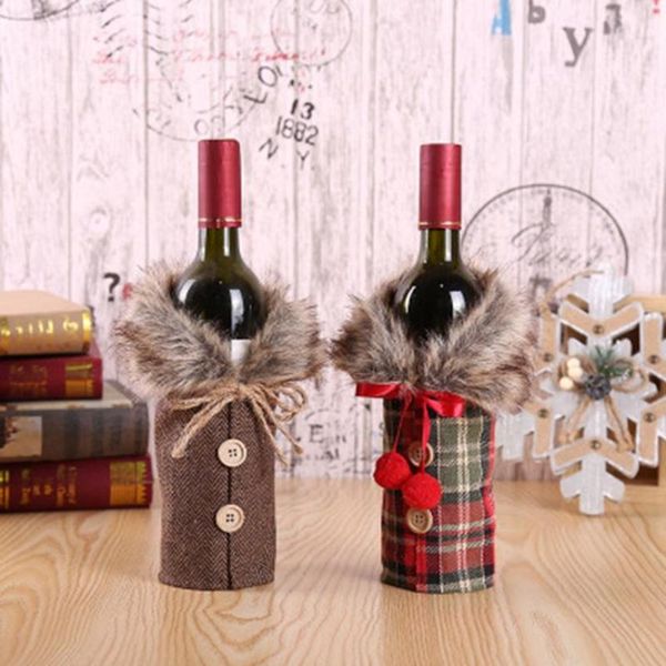 

creative new christmas wine cover with bow plaid linen bottle clothes with fluff fashion decoration dhl ship
