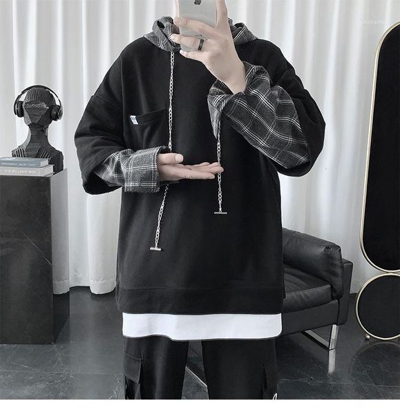 

2020 new fake two-piece hoodie men ins loose hip-hop harajuku, Black