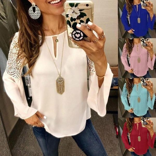 

40# women's lace stitching flared long-sleeved loose chiffon shirt female vintage blouse moda mujer tallas grandes mujer camisas, White