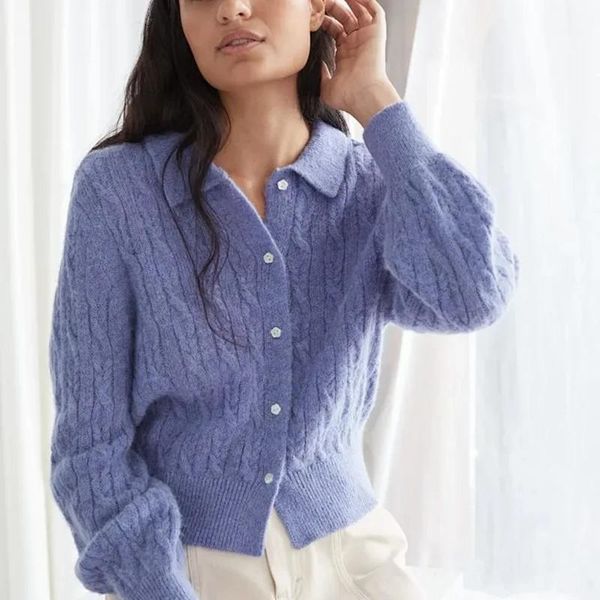 

turn-down collar women knit cardigan long sleeve single-breasted purple sweater stripes short knitwear 2020 new1, White