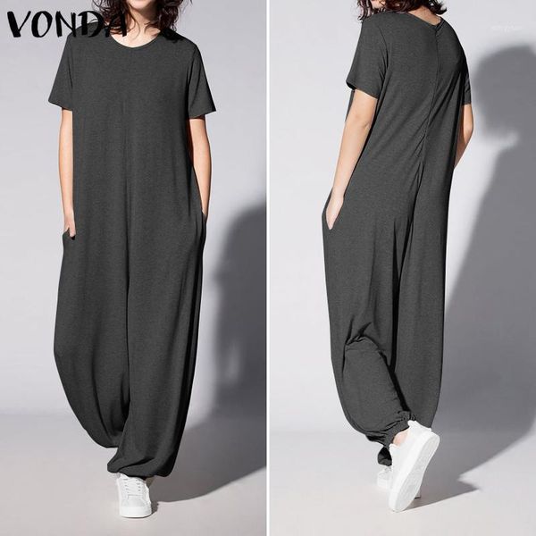 

overalls vonda womens rompers women jumpsuits solid color casual loose short sleeve playsuits wide leg pants plus size pantalon1, Black;white