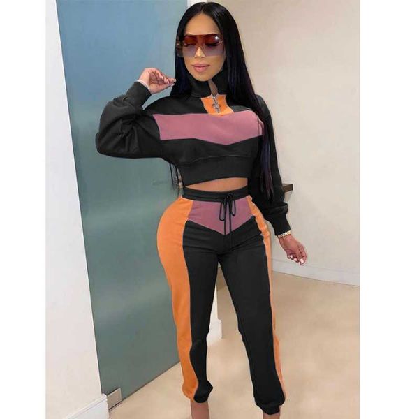 

women's leisure lapel sports suit color contrast long sleeve 2-piece suit yoga exercise outdoor running fitness, Black;blue