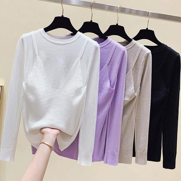 

women's sweaters ljsxls 2021 autumn fake two knitted sweater women winter korean fashion clothes solid basic long sleeve pullovers, White;black