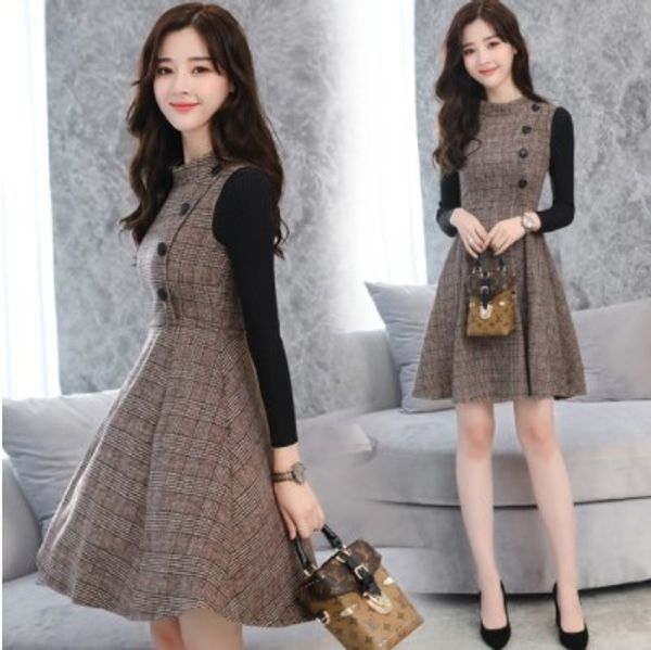 

woollen dress knitted sleeve 2020 new women's middle style shows thin and slimautumn dress skirtlong skirt long skirtand winter thicken, Black;gray