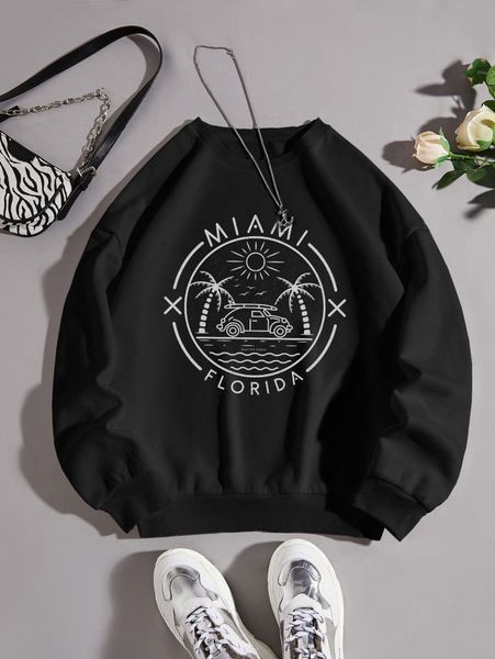 

letter & palm tree print thermal pullover s88p#, White;black