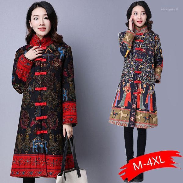 

women's down & parkas chinese style stand collar winter coat woman 2021 fashion flower printed cotton loose female national big size1, Black