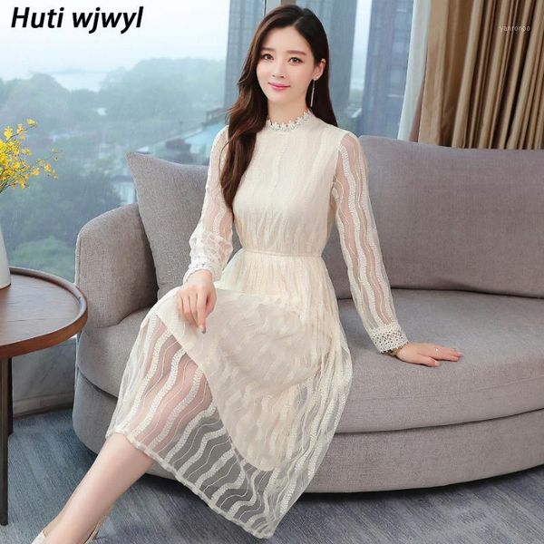 

2021 spring autumn plus size women bodycon dress vintage solid lace mesh midi dresses elegant party femal evening vestidos1, Black;gray