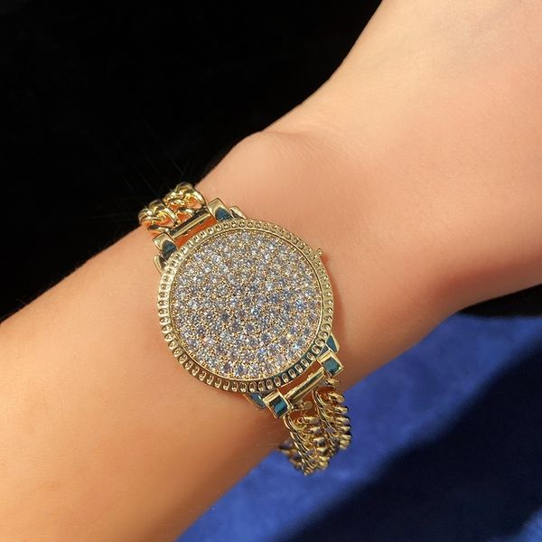

v6enk micro full inlaid diamond round watch shape clasp row braceletbracelet double chain bracelet ins smallnet red hand ornament ackob, Golden;silver