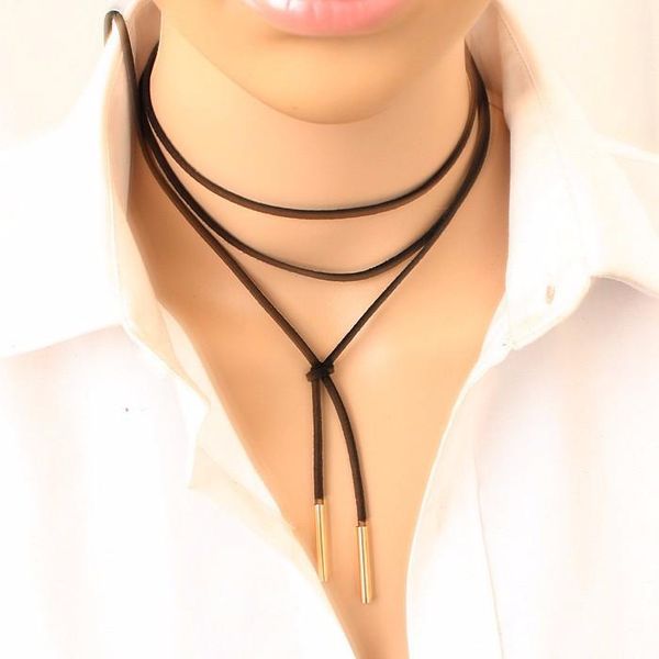 

elegant fashion women long black leather rope gold tube false choker collar necklace 150 cm women, Silver