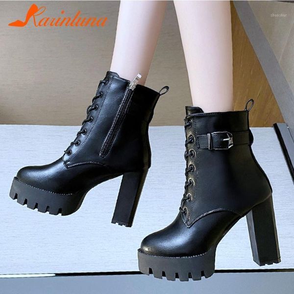

boots karin female shoes office ladies leisure big size 39 thick heels cross-tied buckle straps ankel boots1, Black
