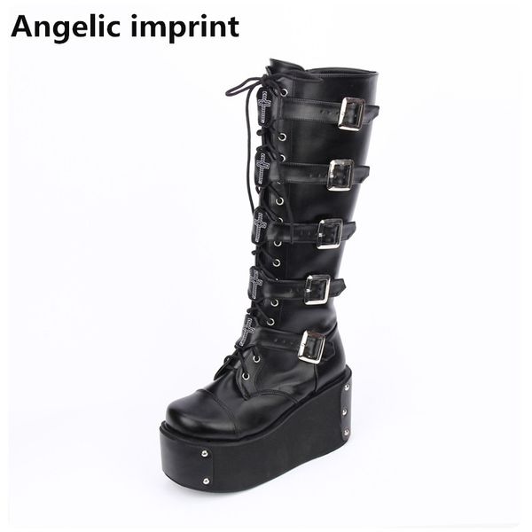 

angelic imprint mori girl women motorcycle boots lady lolita boots woman high heels pumps wedges platform shoes rhinestone 33-47 t200425, Black