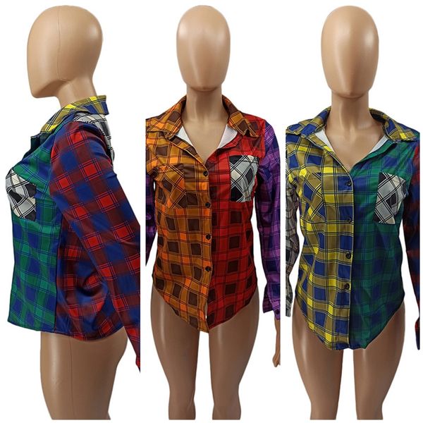 

fashion womens blouses plaid patchwork color long sleeves plus size autumn women lady shirt casual female blouse 3 colors f101906, White