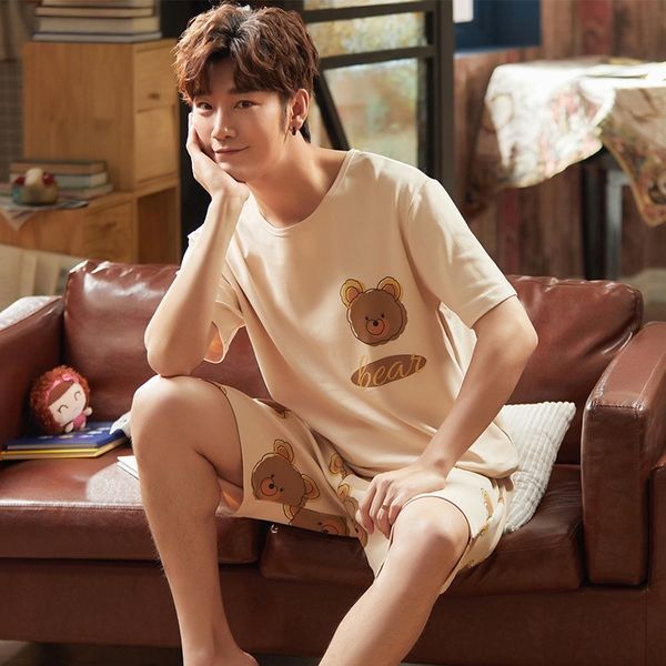 

men's pajamas set summer short-sleeve 100% cotton nightwear home wear suits simple fashion sleepwear for men multiple choices t200813, Black;brown