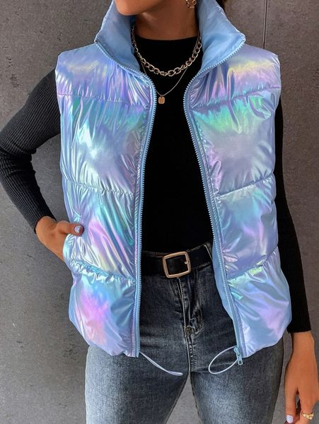 

ombre holographic zipper sleeveless puffer coat t3m9#, Black