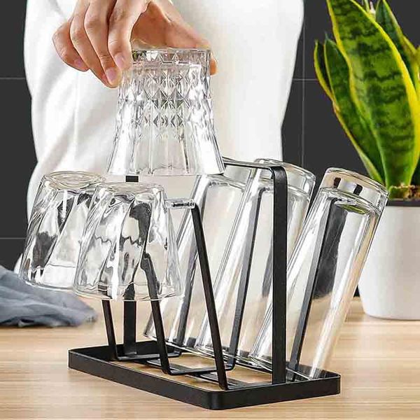 

hooks & rails cup drying rack creative rustic metal glasses stand with 6 drainer holder wood handle mug organizer
