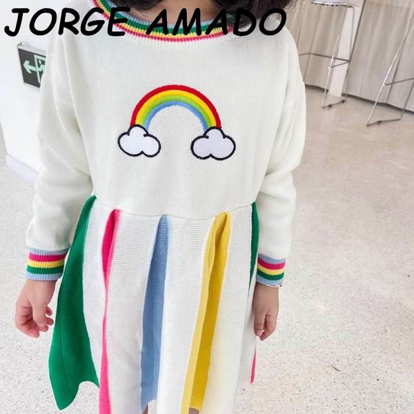 

2020 autumn girls sweater dress rainbow knitted cotton wool long sleeve kids dresses for girls toddler fall clothes yy002, Red;yellow