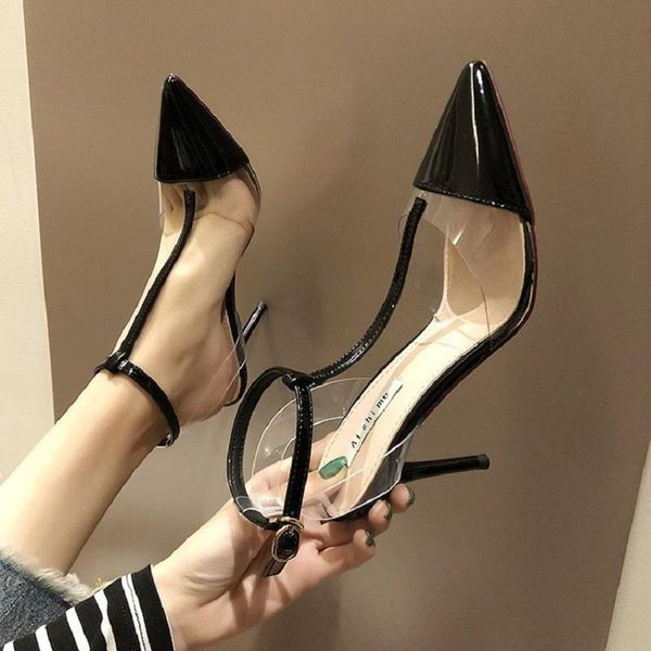 

spring and summer new pointy thin root high heel sandals for women's fashion shows patent-leather buckle sandals, Black
