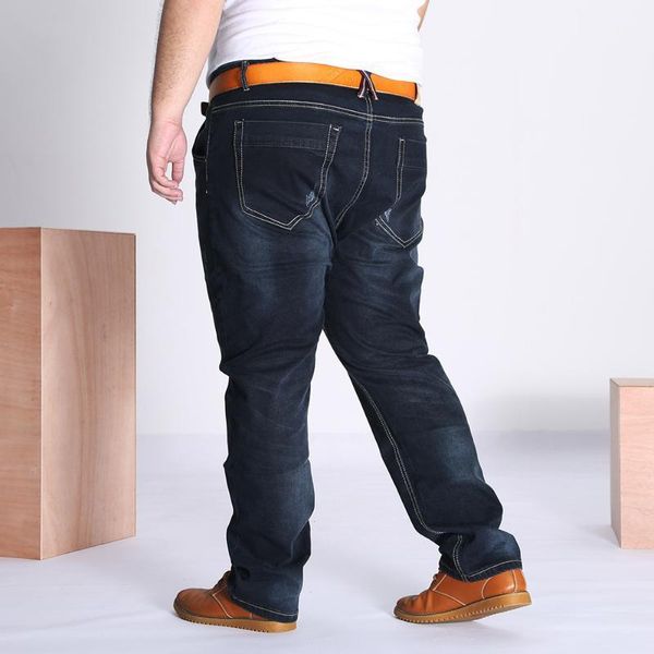 

spring and autumn men's loose jeans men's plus size straight pants tide fat pants jeans elastic fat trousers1, Blue