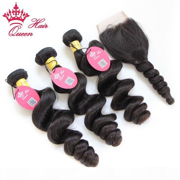 

queen hair 4pcs lot 100% peruvian virgin hair extensions weft human loose weave 3pcs hair bundle + 1pc lace closure, Black